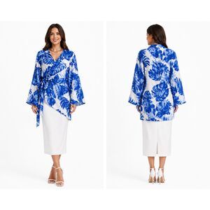 New GIGIO L 10 12 Blue White Tropical Leaves Collared Wrap Long Tunic Top Cruise